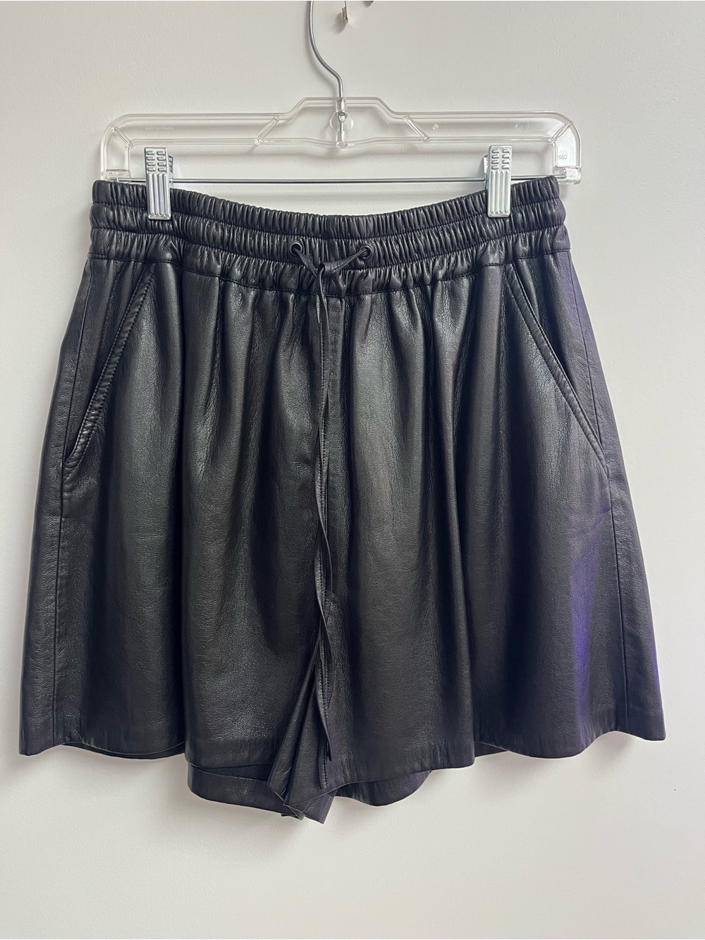 Good American Black Faux Leather Drawstring Shorts